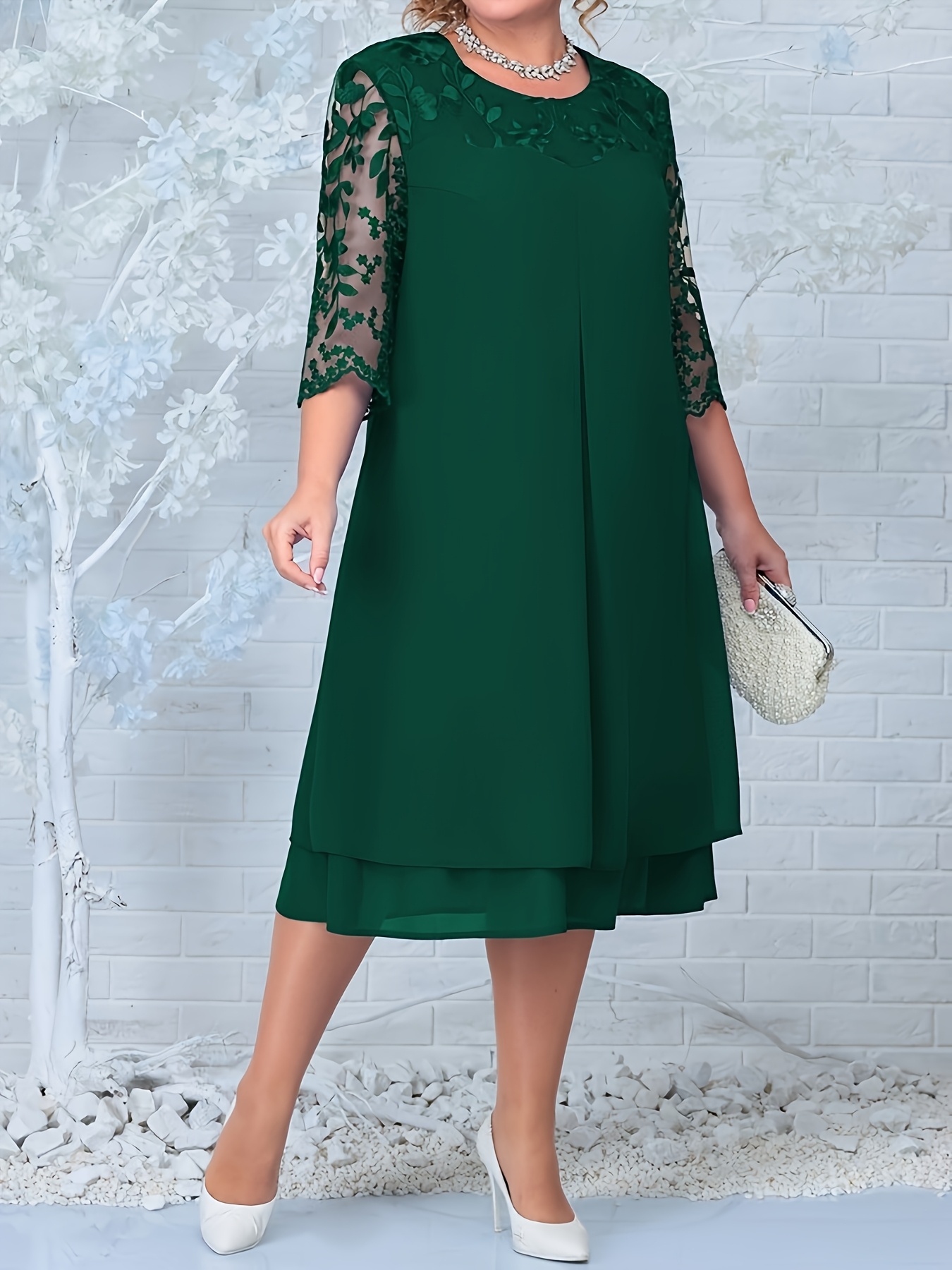 Elegant Plus Size Embroidered Chiffon Midi Dress (Buy 2 Free Shipping)