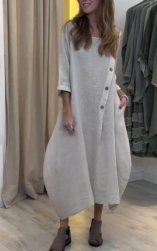 Round Neck Solid Color Cotton and Linen Dress (Buy 2 Free Shipping)