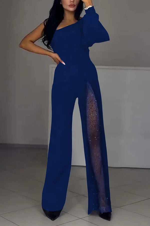 Oblique Shoulder One-sleeve  High Slit Sequin Jumpsuit (Buy 2 Free Shipping)