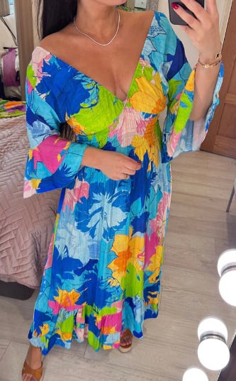 Floral Print V Neck Colorful Midi Dress(Buy 2 Free Shipping)