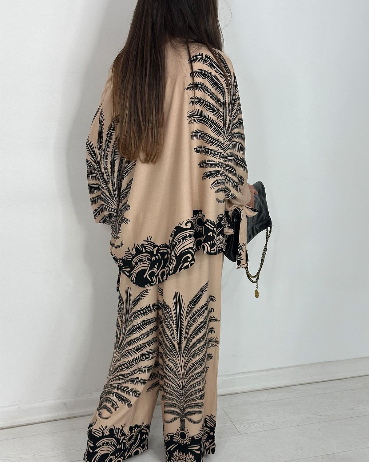 Boho Palm Print Contrast Hem Flowy Two Piece Set (Buy 2 Free Shipping)