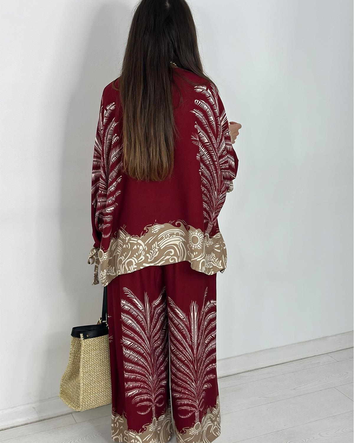 Boho Palm Print Contrast Hem Flowy Two Piece Set (Buy 2 Free Shipping)