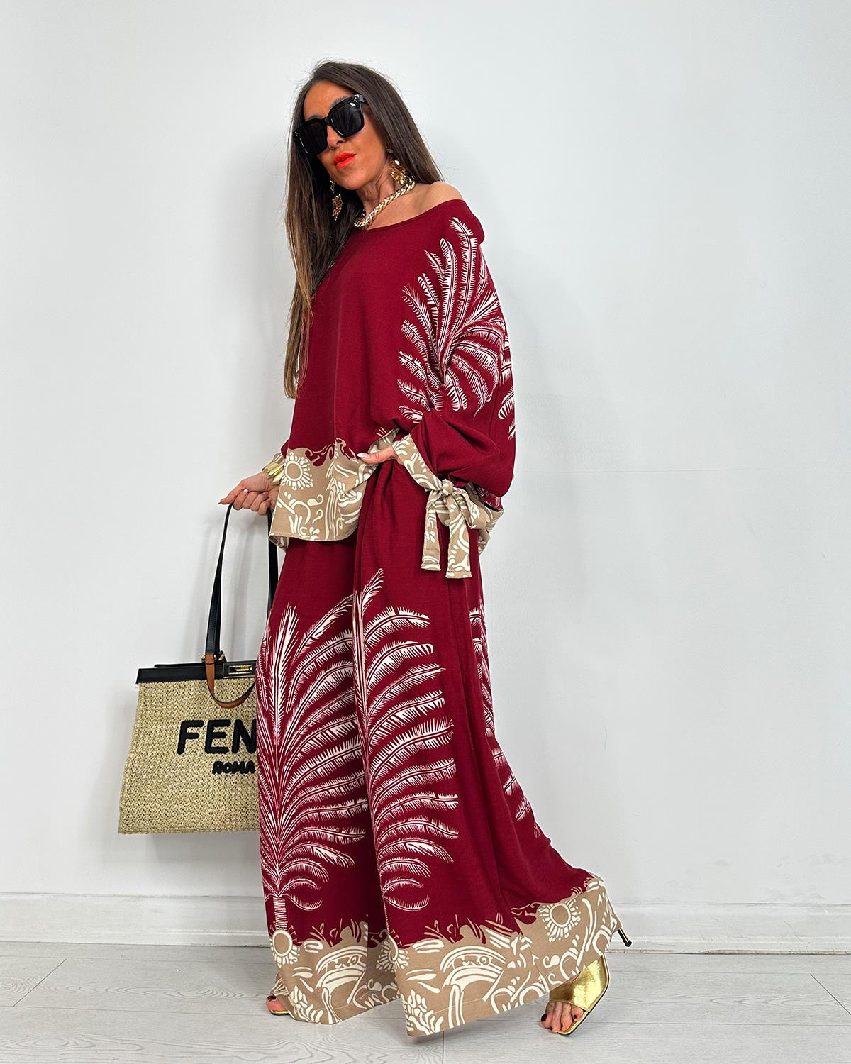 Boho Palm Print Contrast Hem Flowy Two Piece Set (Buy 2 Free Shipping)