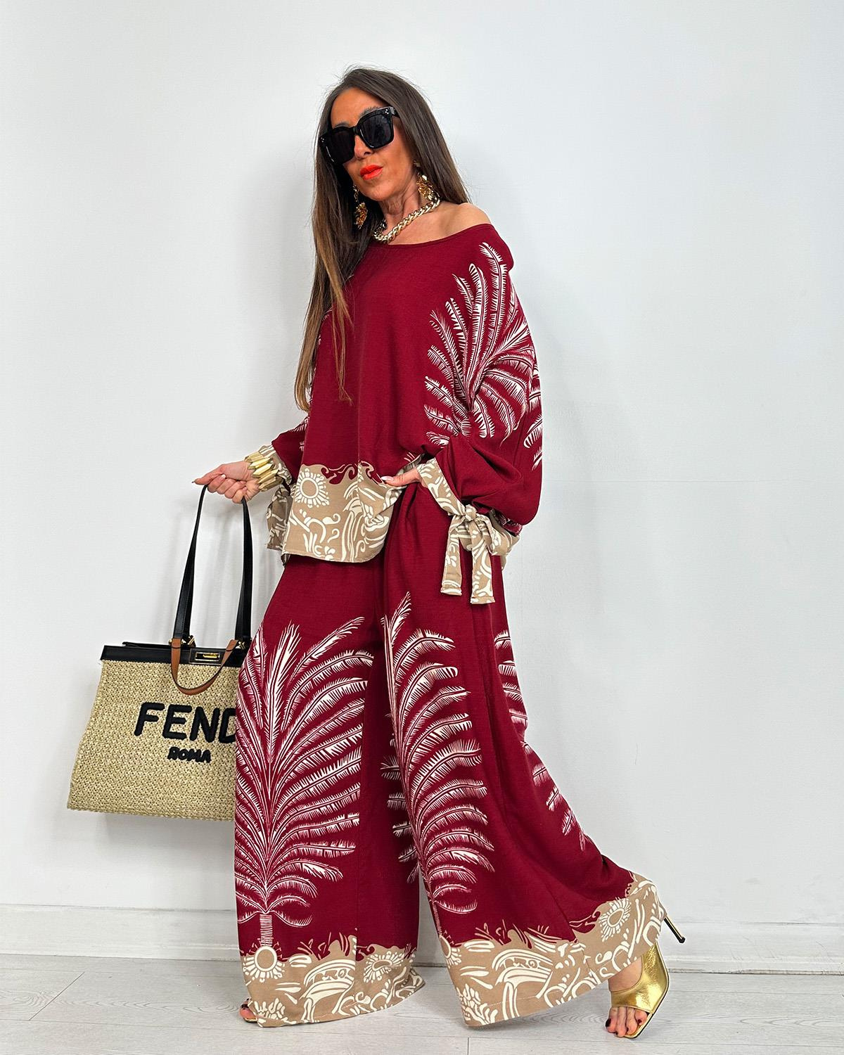 Boho Palm Print Contrast Hem Flowy Two Piece Set (Buy 2 Free Shipping)