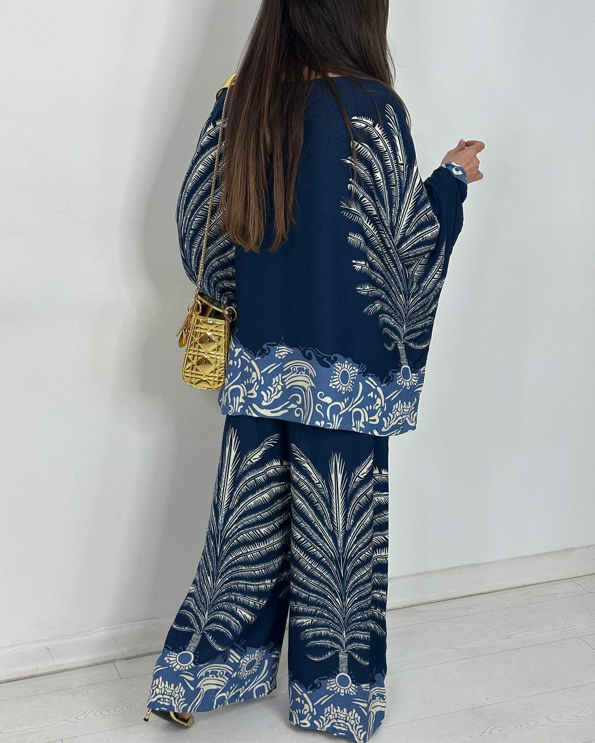 Boho Palm Print Contrast Hem Flowy Two Piece Set (Buy 2 Free Shipping)