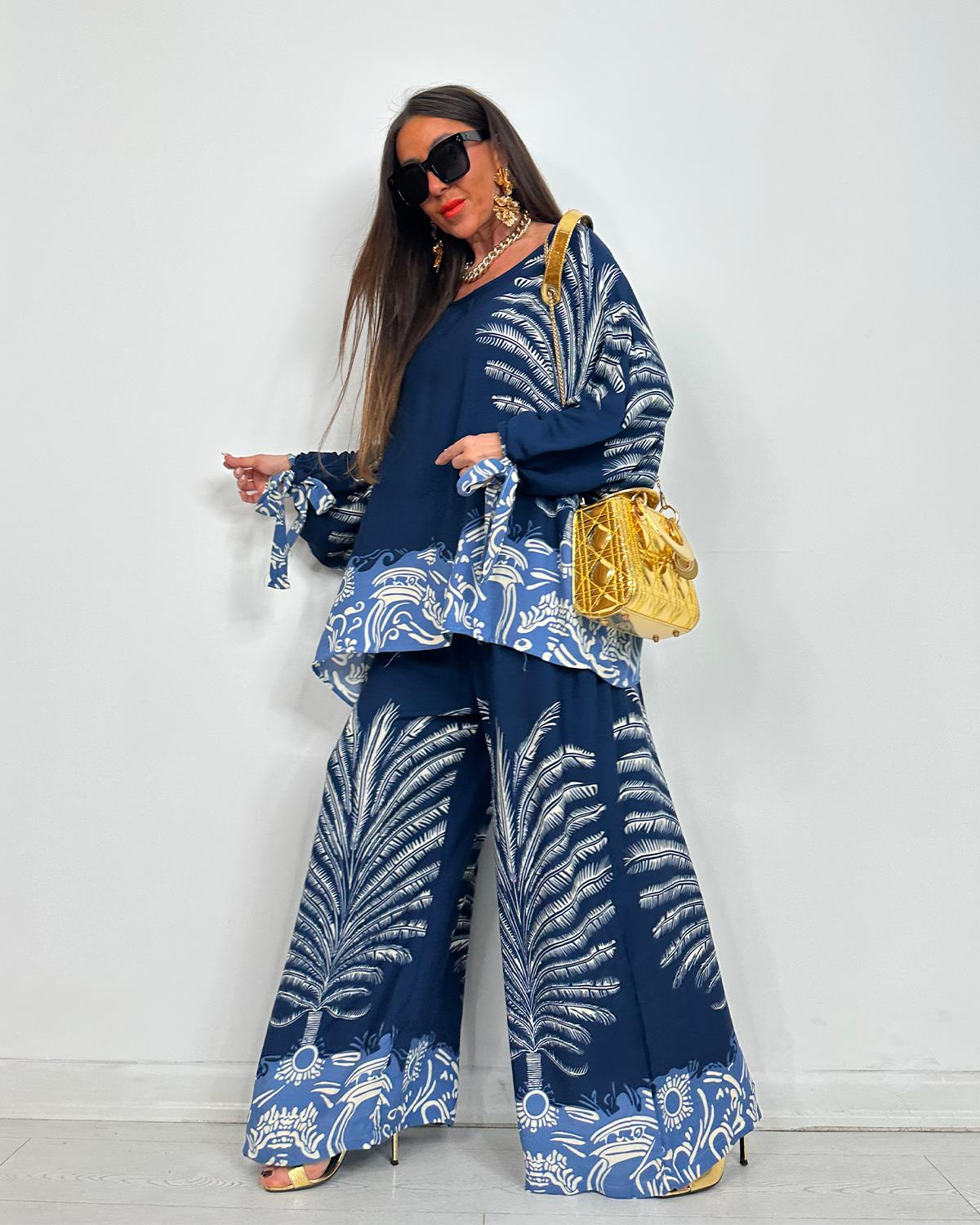 Boho Palm Print Contrast Hem Flowy Two Piece Set (Buy 2 Free Shipping)