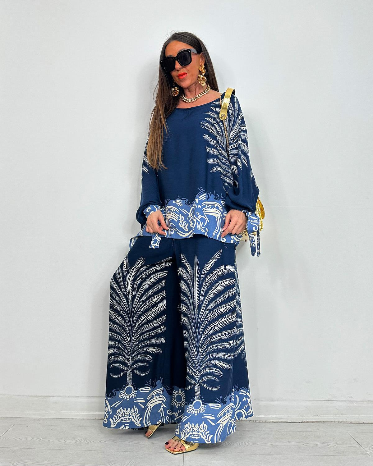 Boho Palm Print Contrast Hem Flowy Two Piece Set (Buy 2 Free Shipping)