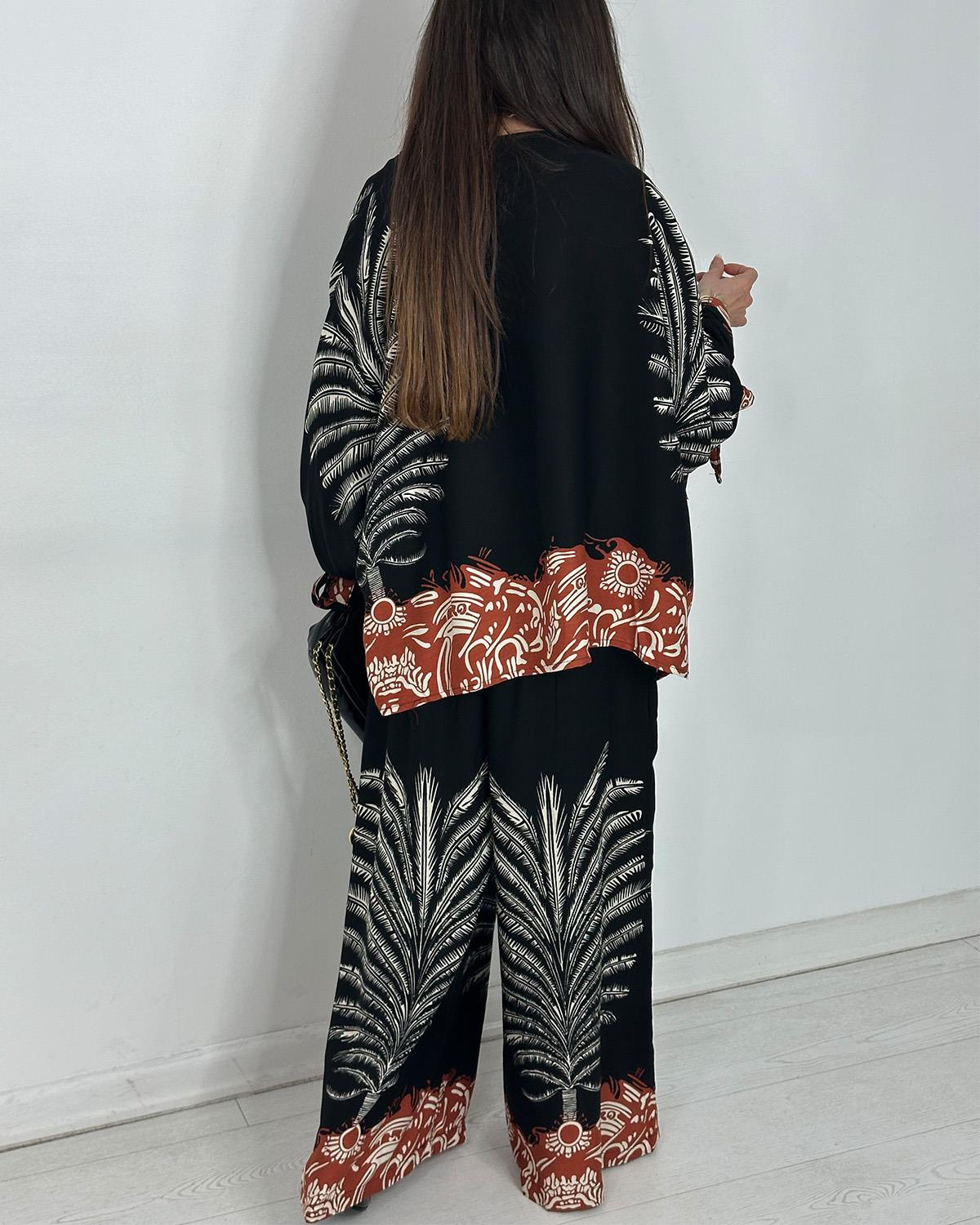 Boho Palm Print Contrast Hem Flowy Two Piece Set (Buy 2 Free Shipping)