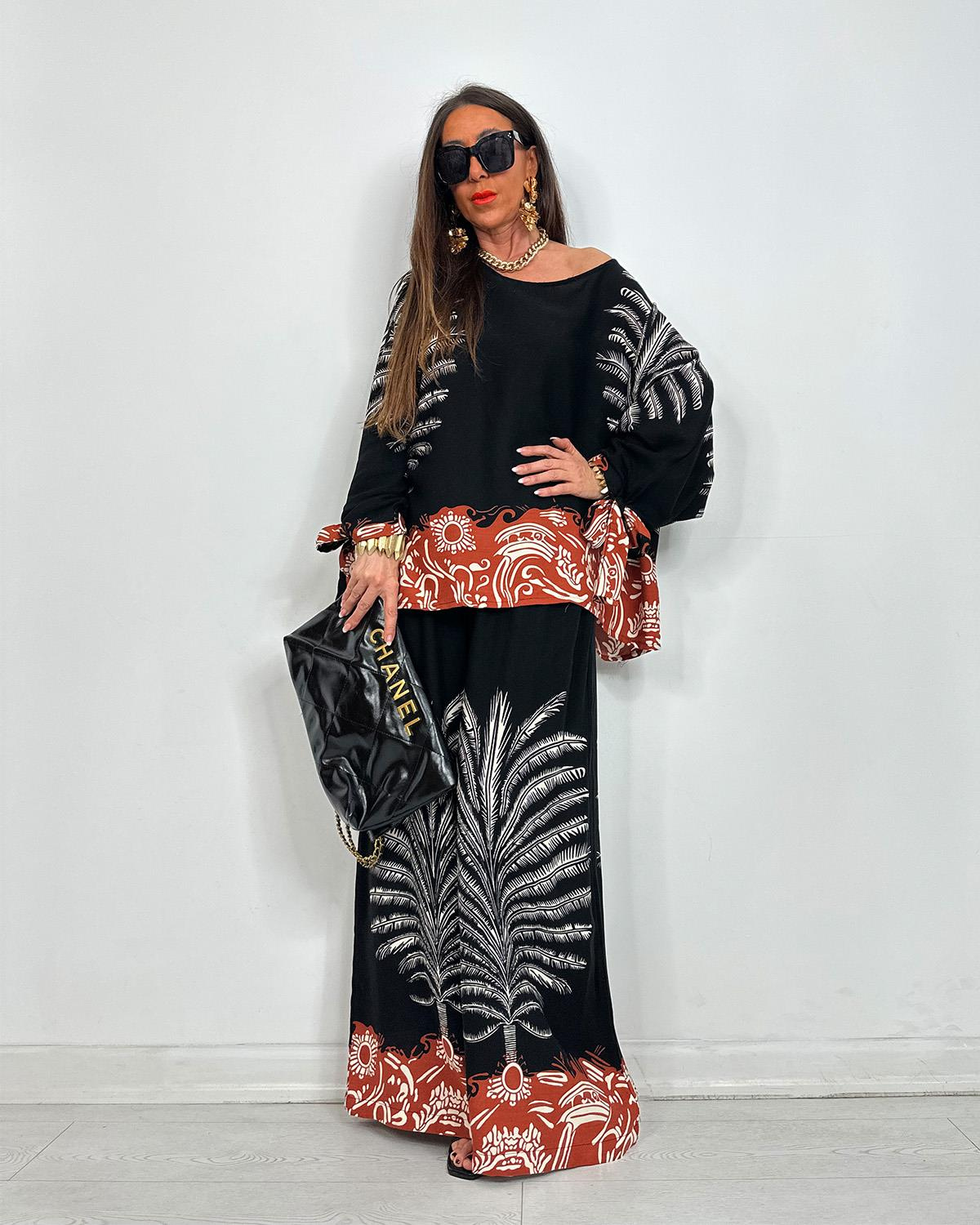 Boho Palm Print Contrast Hem Flowy Two Piece Set (Buy 2 Free Shipping)
