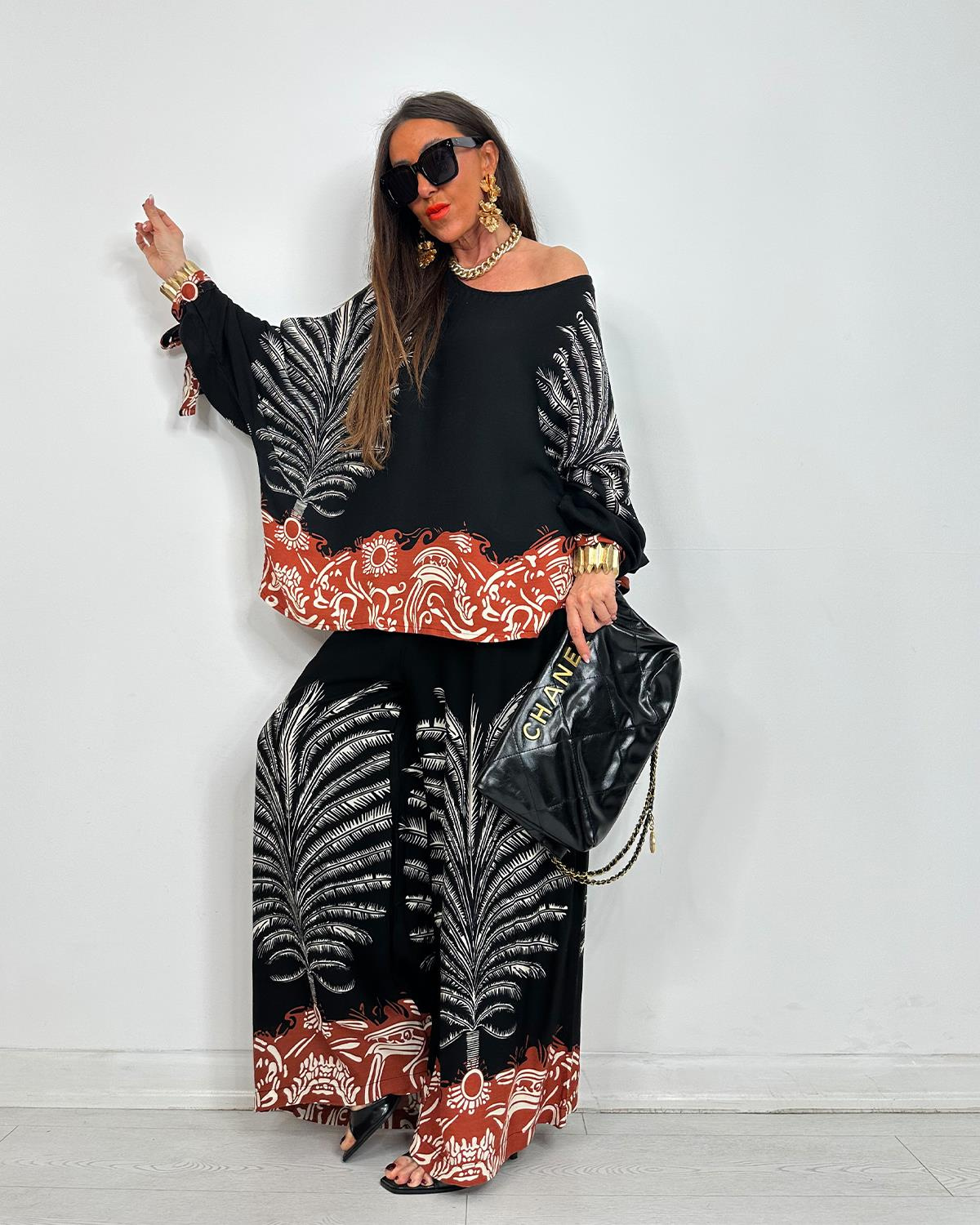 Boho Palm Print Contrast Hem Flowy Two Piece Set (Buy 2 Free Shipping)