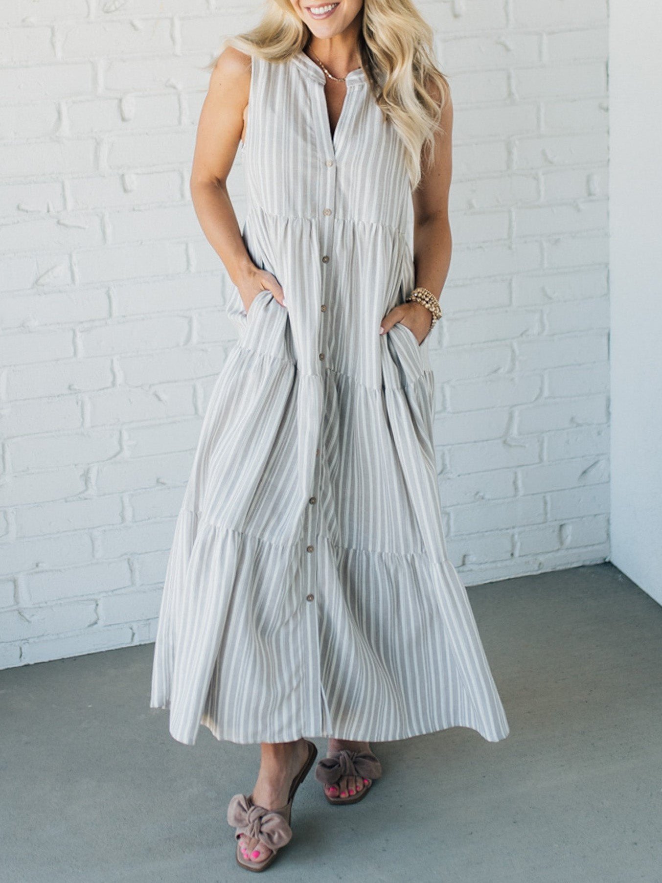 V Neck Striped Button Front Tiered Dress (Buy 2 Free Shipping)