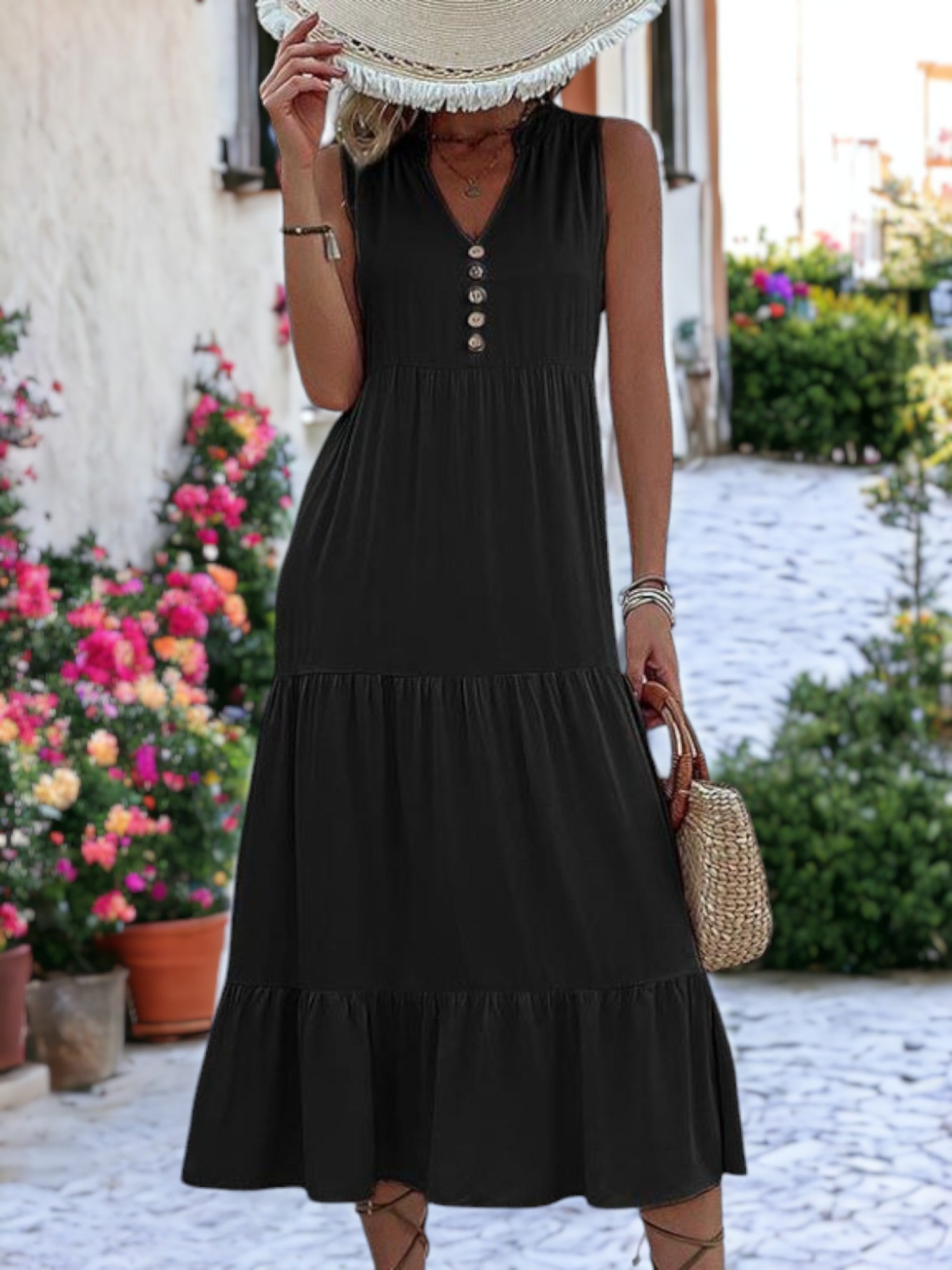V-Neck Button Detailed Boho Midi Ruffle Dress For Women
