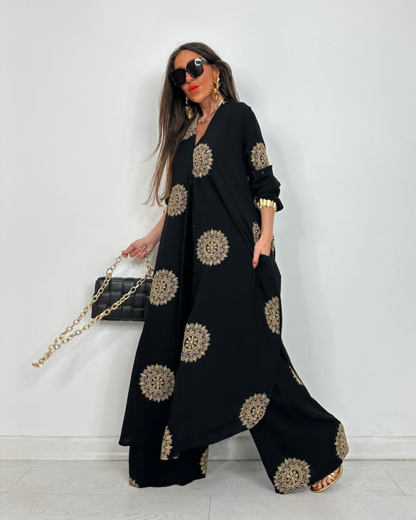 V-Neck Long Shirt and Elastic Waist Wide Leg Pants Set (Buy 2 Free Shipping)