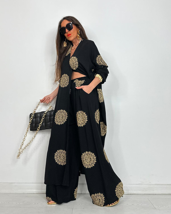 V-Neck Long Shirt and Elastic Waist Wide Leg Pants Set (Buy 2 Free Shipping)