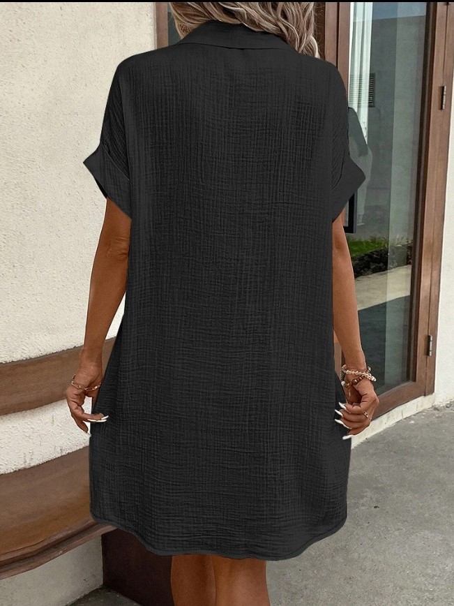 Relaxed Crinkle Button-Down Shirt Dress with Pockets (Buy 2 Free Shipping)