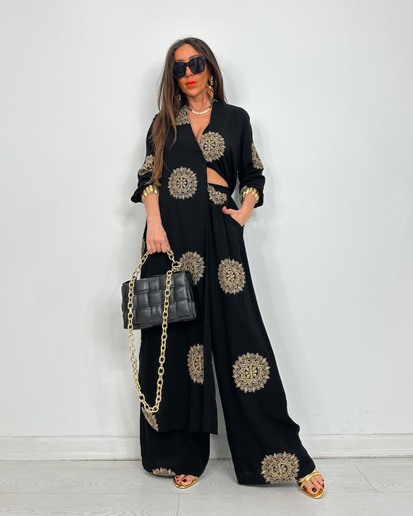 V-Neck Long Shirt and Elastic Waist Wide Leg Pants Set (Buy 2 Free Shipping)