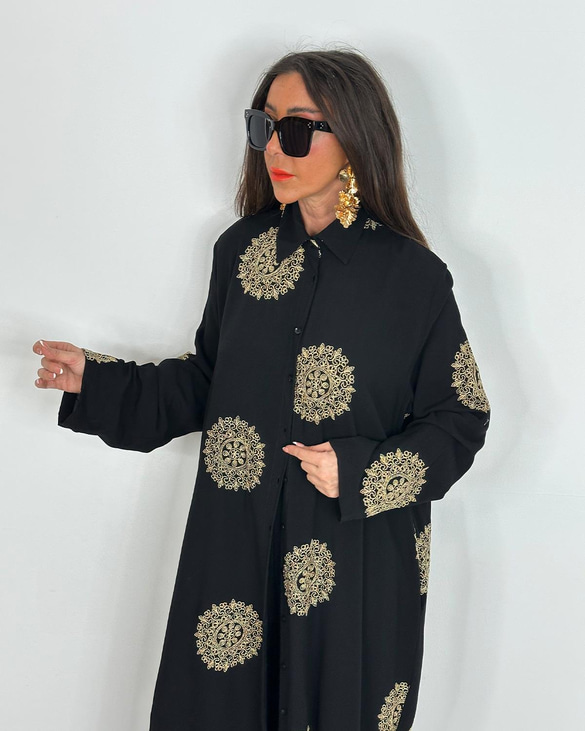 V-Neck Long Shirt and Elastic Waist Wide Leg Pants Set (Buy 2 Free Shipping)