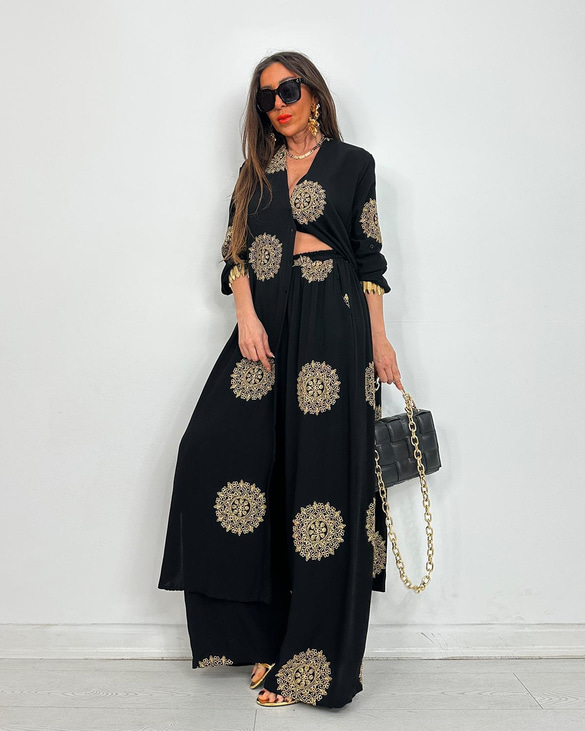 V-Neck Long Shirt and Elastic Waist Wide Leg Pants Set (Buy 2 Free Shipping)