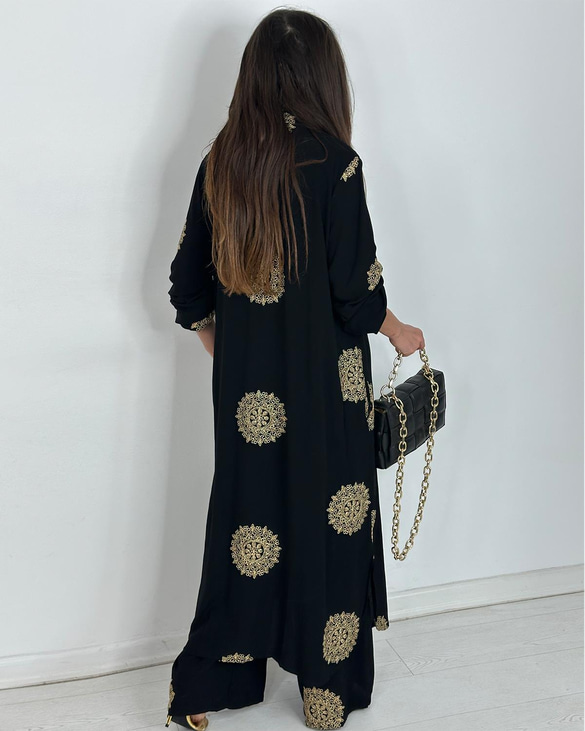 V-Neck Long Shirt and Elastic Waist Wide Leg Pants Set (Buy 2 Free Shipping)