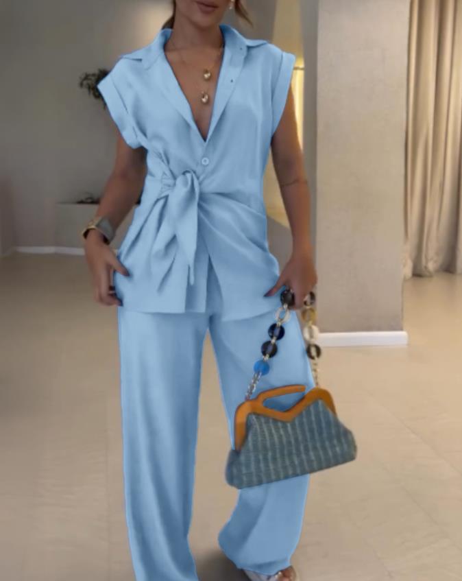 Elegant Tie-Waist Button Sleeveless Wide-Leg Two-Piece Set