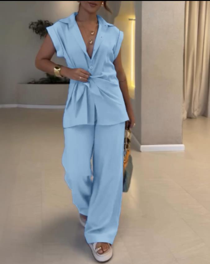 Elegant Tie-Waist Button Sleeveless Wide-Leg Two-Piece Set