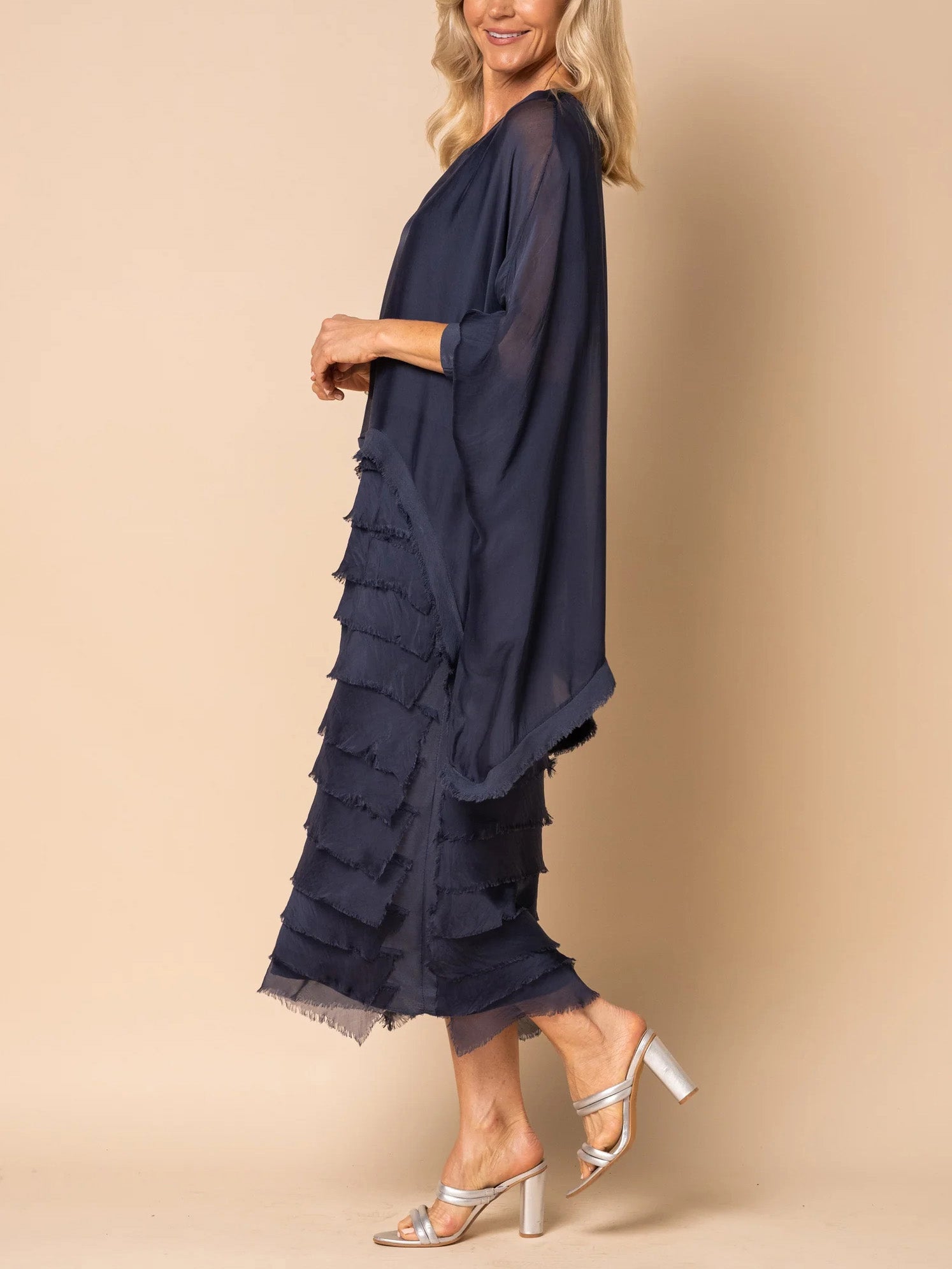 Frayed Trim Tiered Midi Dress (Buy 2 Free Shipping)
