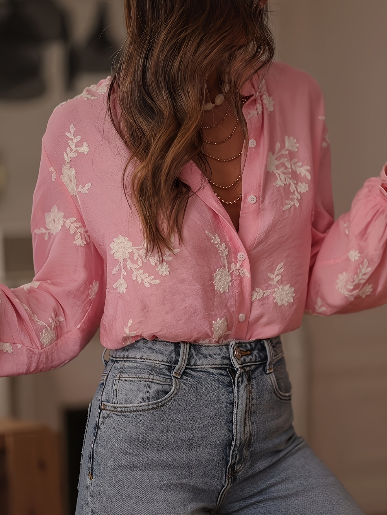 Elegant Floral Embroidery Ruffle Cuff Button Blouse