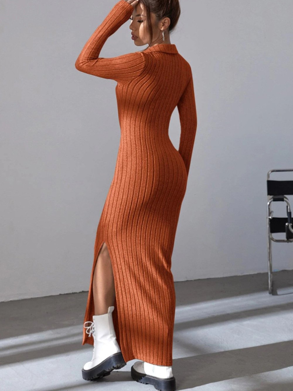 Knitted Fitted Lapel Long Sleeve Ribbed Dress (Buy 2 Free Shipping)