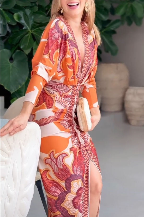 Brazilian Style Unique Print Dolman Long Sleeve Ruched Slit Midi Dress