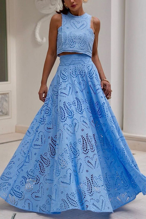 Paris Dreaming Embroidered Lace High Rise Pocketed Maxi Skirt and Crop Tank Top(Buy 2 Free Shipping)