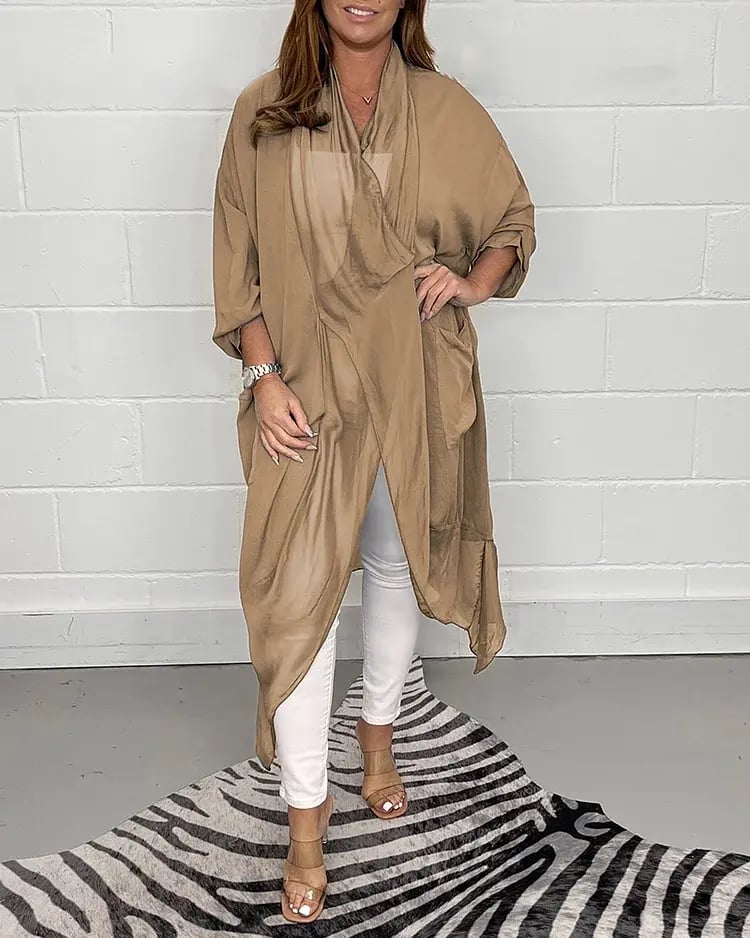 Elegant Drape Front Sheer Cardigan with Batwing Sleeves Long Outerwear