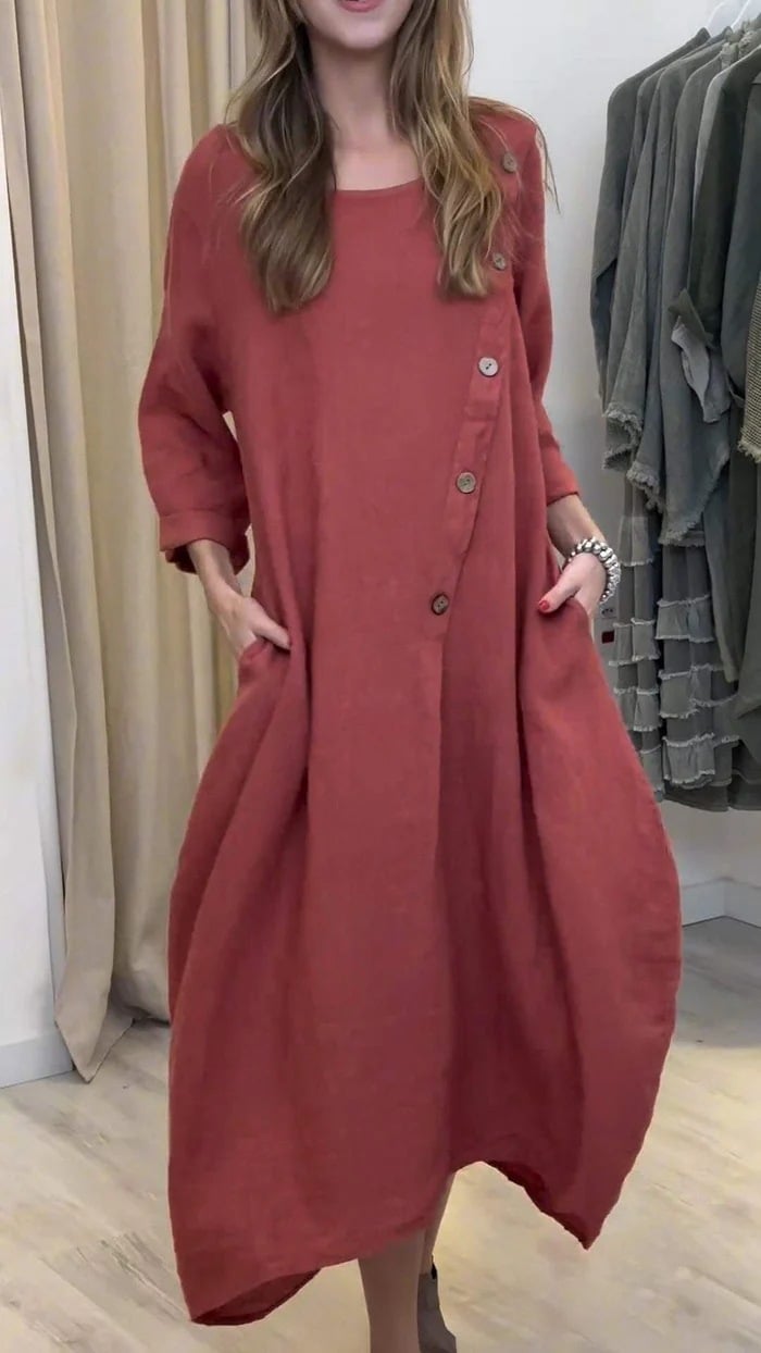 Round Neck Solid Color Cotton and Linen Dress (Buy 2 Free Shipping)