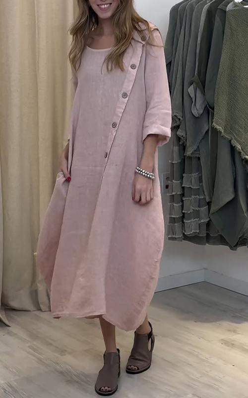 Round Neck Solid Color Cotton and Linen Dress (Buy 2 Free Shipping)