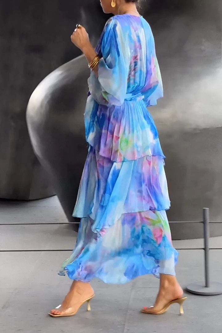 Flowy Watercolor V-Neck Tiered Chiffon Maxi Dress (Buy 2 Free Shipping)