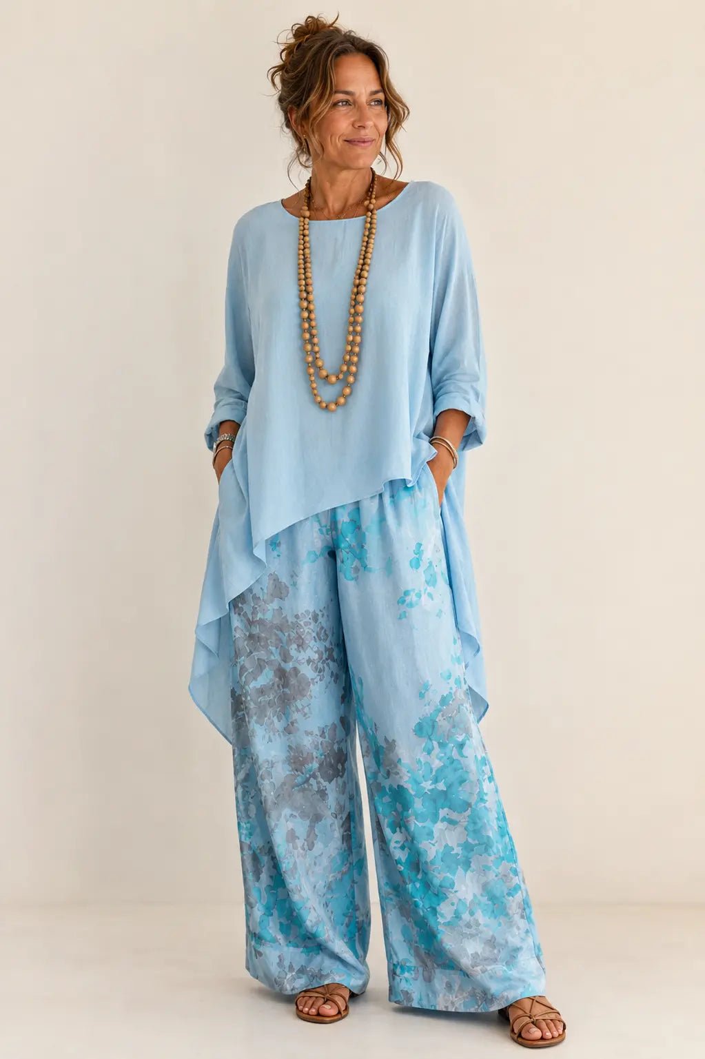 Elegant Asymmetric Tunic Floral Wide Leg Two Piece Set