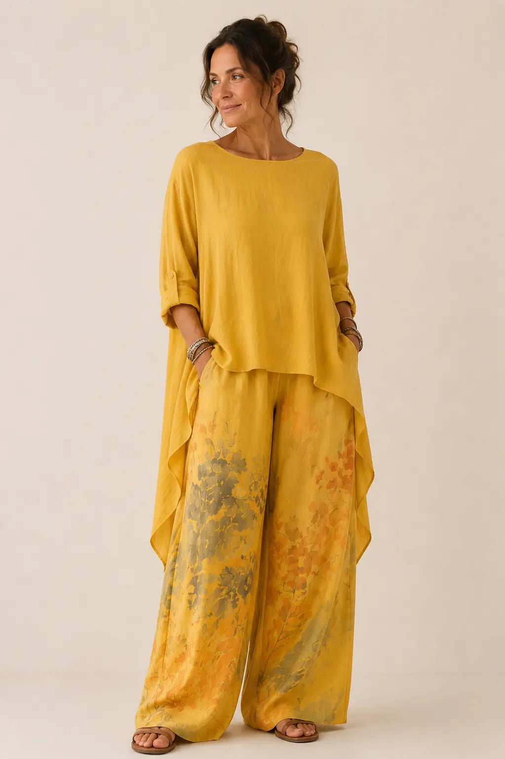 Elegant Asymmetric Tunic Floral Wide Leg Two Piece Set