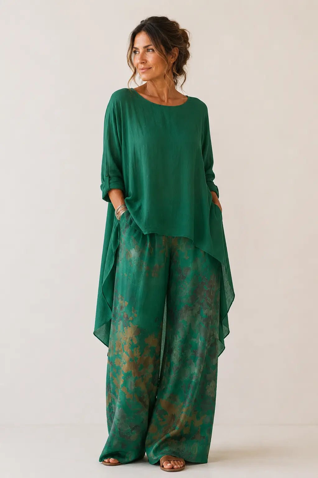 Elegant Asymmetric Tunic Floral Wide Leg Two Piece Set