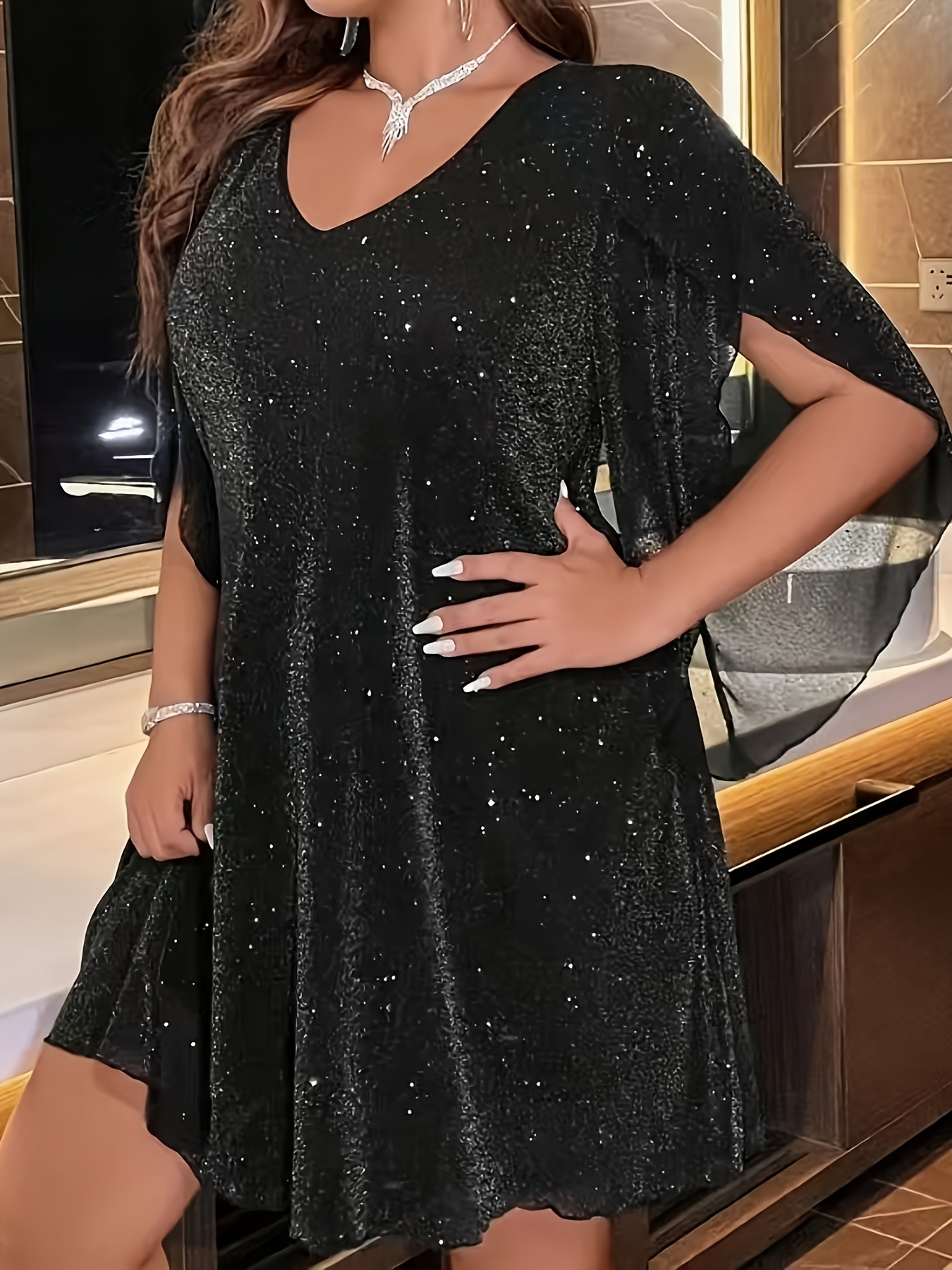 Plus Size Sparkly V-Neck Batwing Sleeve Dress (Buy 2 Free Shipping)