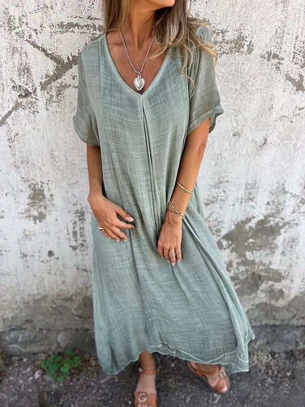 Last Day 49% OFF🔥Cotton and Linen V-neck Midi Dress(Buy 2 Free Shipping)