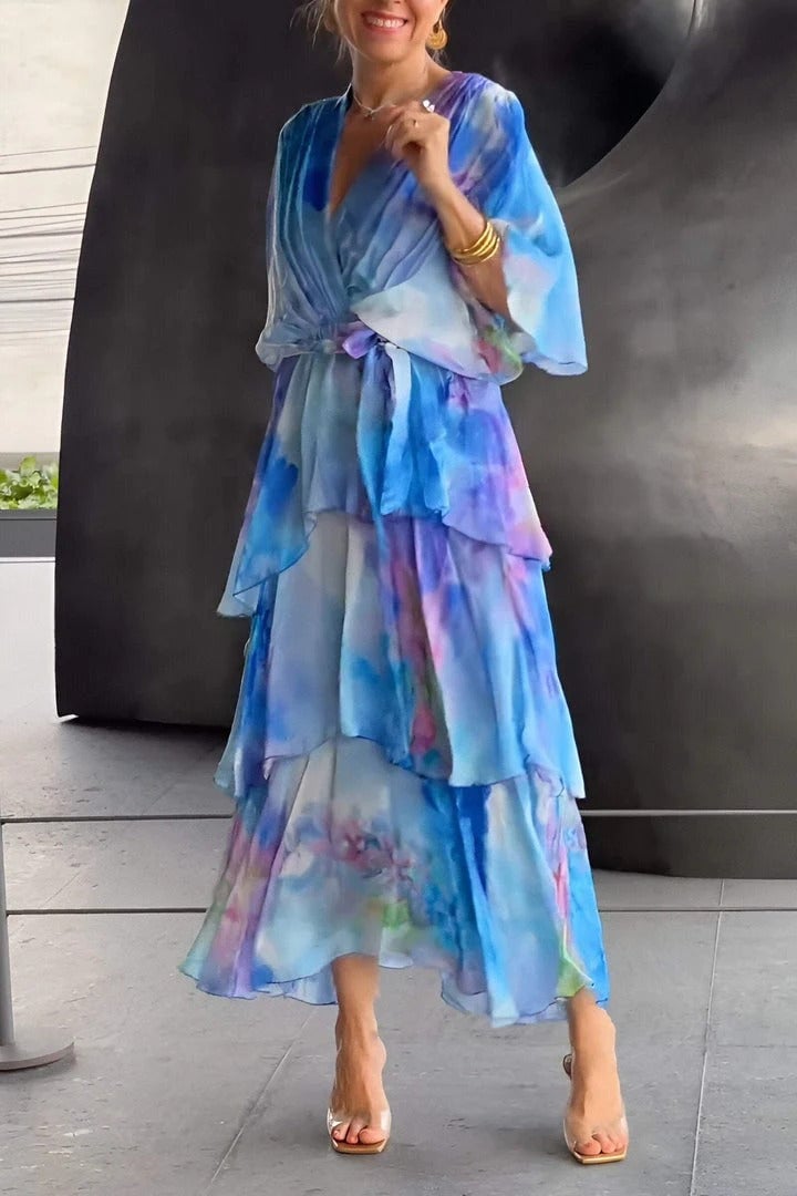 Flowy Watercolor V-Neck Tiered Chiffon Maxi Dress (Buy 2 Free Shipping)