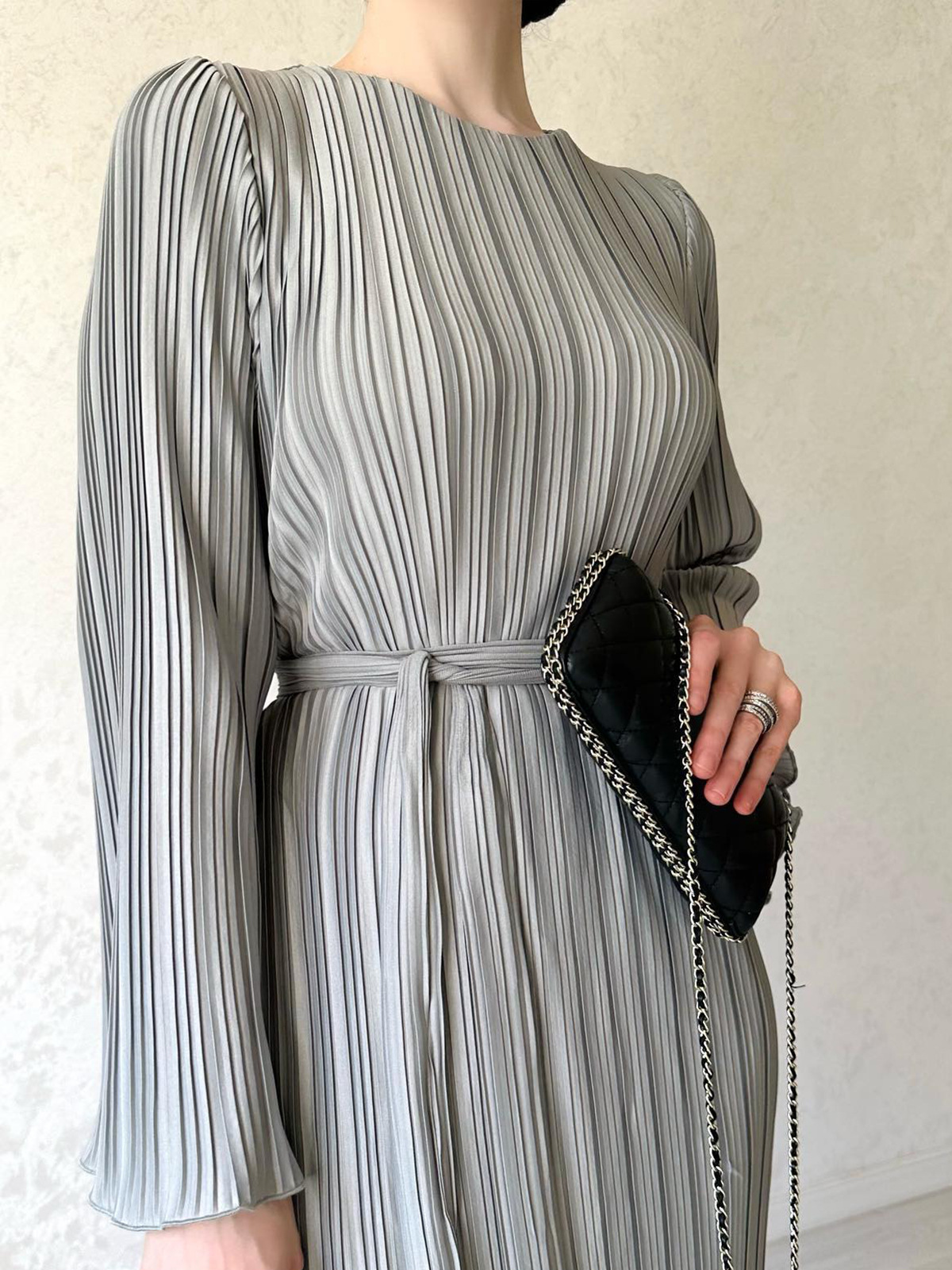 Women's Fall Maxi Dress Chic Pleated Bell Bottom Sleeve Midi Dress