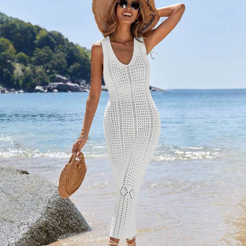 Elegant V-Neck Sleeveless Crochet Knit Maxi Dress