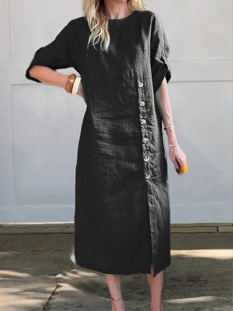 Linen Crew Neck Plain Short Sleeve Midi Dress