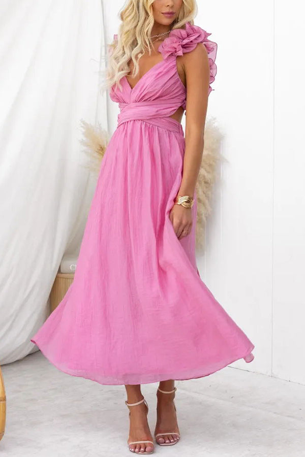 Floral Ruffle Detail Back Lace-up Elastic Waist Maxi Dress