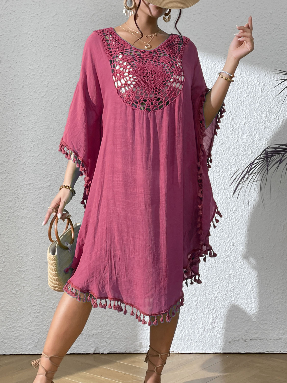 Boho Tassel Trim Crochet Yoke Loose Kaftan Dress