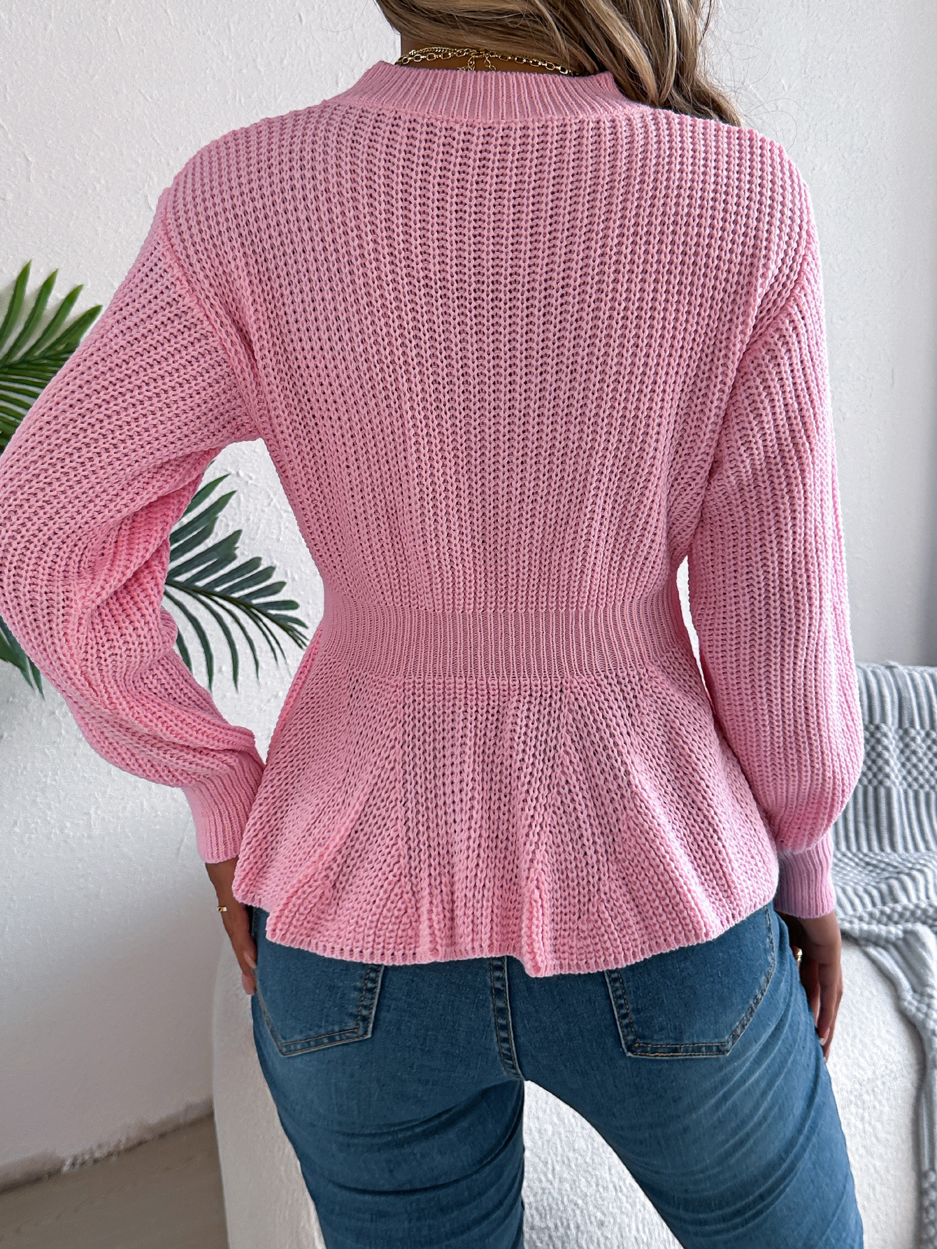 Textured Knit Waist Flare Hem Sweater Top 