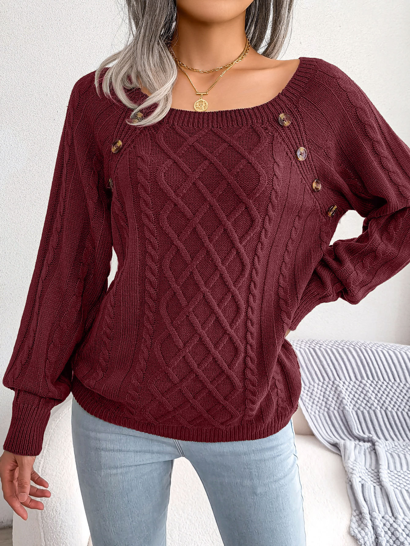 Textured Cable Knit Button Detail Relaxed Fit Sweater 