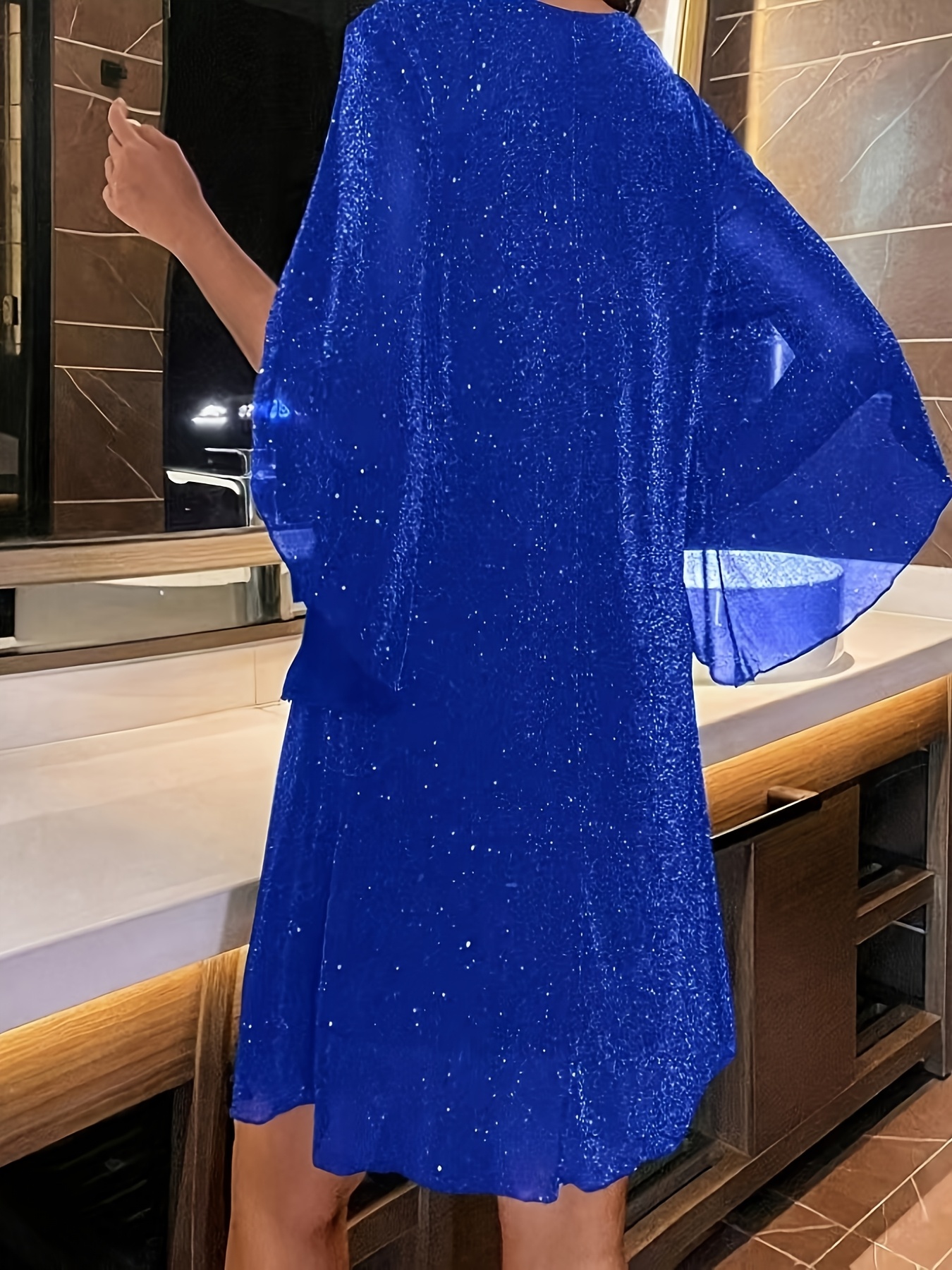 Plus Size Sparkly V-Neck Batwing Sleeve Dress (Buy 2 Free Shipping)