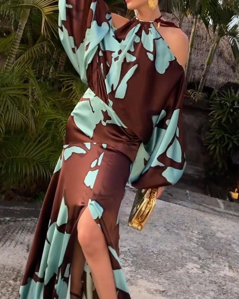 Off-the-shoulder Printed Slit Dress (Buy 2 Free Shipping)