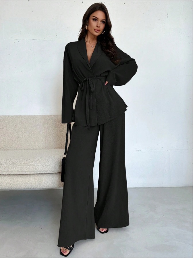 Elegant Soft Tie-Waist Wrap Top and Wide-Leg Pants Set (Buy 2 Free Shipping)